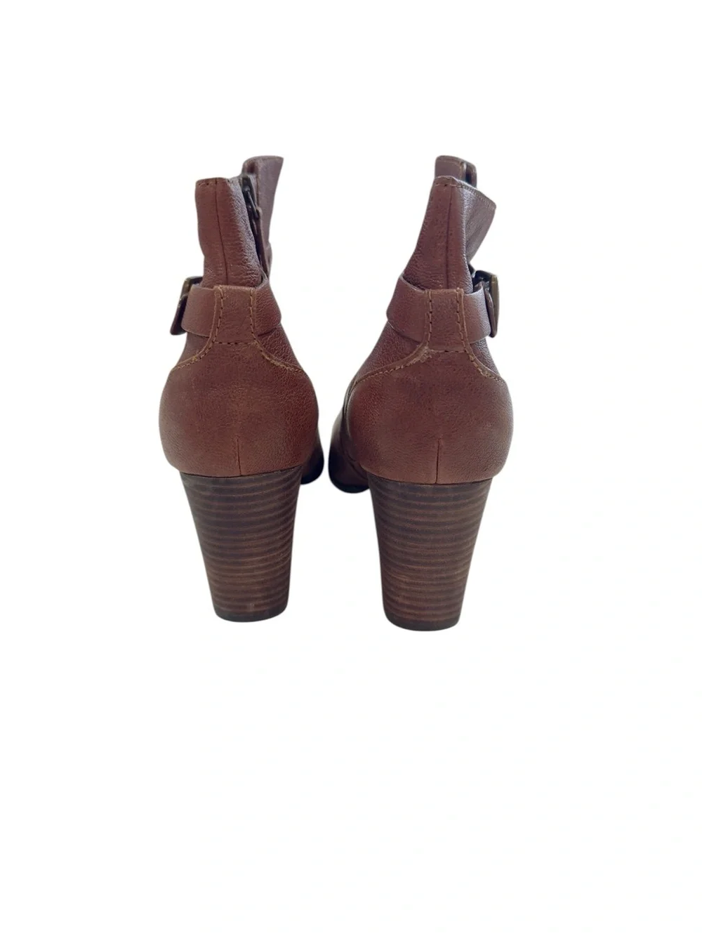 Cole Haan Brown Leather Ankle Booties Size 11B Block Heel Buckle Strap side zip